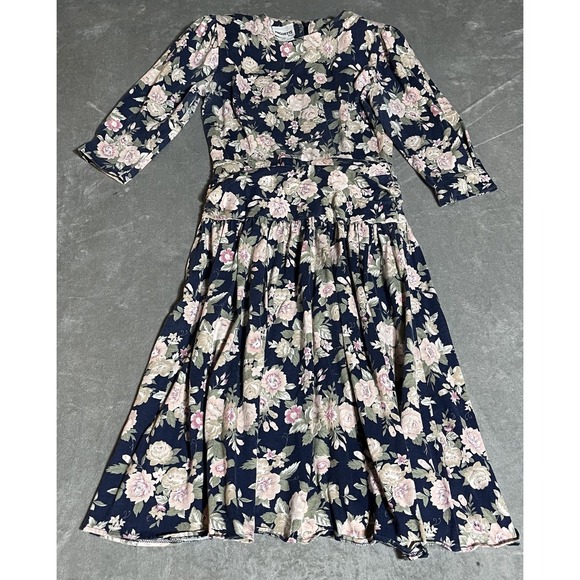 Vintage‎ Paquette Petite Dress Womens 10 Blue Floral 1980s Cottagecore Modest - Picture 1 of 5